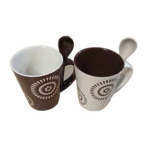 MCM Style Ceramic Mug Set with Matching Spoons Sunburst Geometric Brown Cream